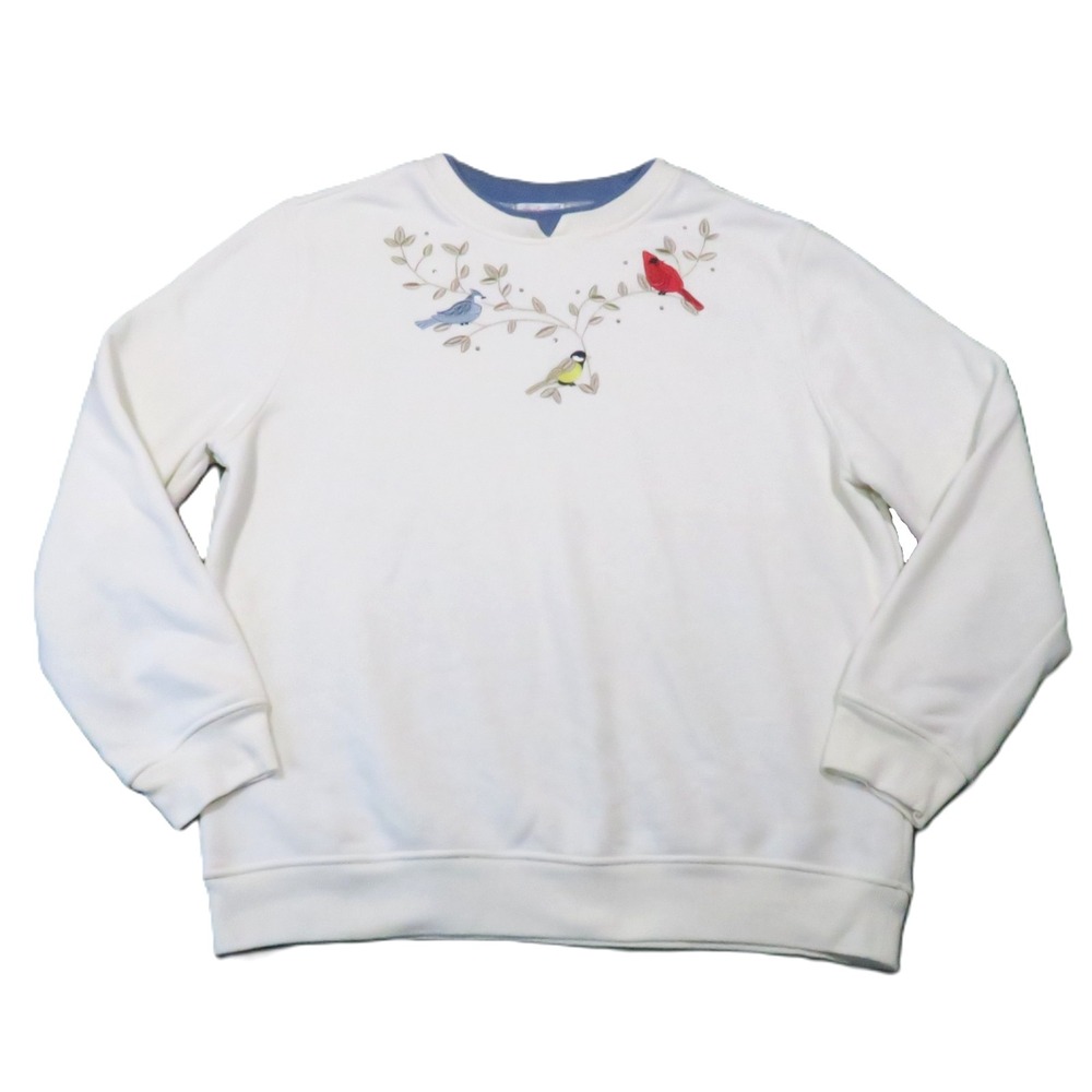 Vintage Embroidered Bird Sweatshirt L Fleece Cottage Grannycore‎ 90s Grandma